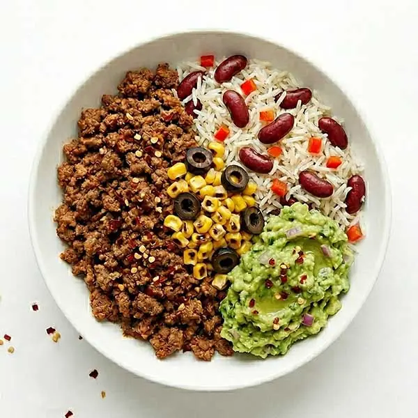 Mexican Ground Beef Bowl with Avocado & Red Kidney Bean Rice